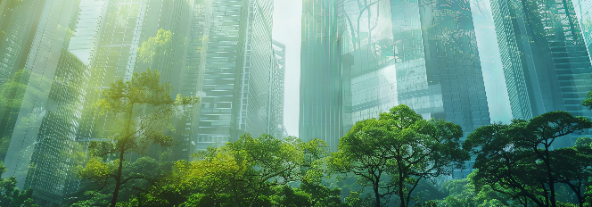 Na pierwszym planie park, w tle wieżowce