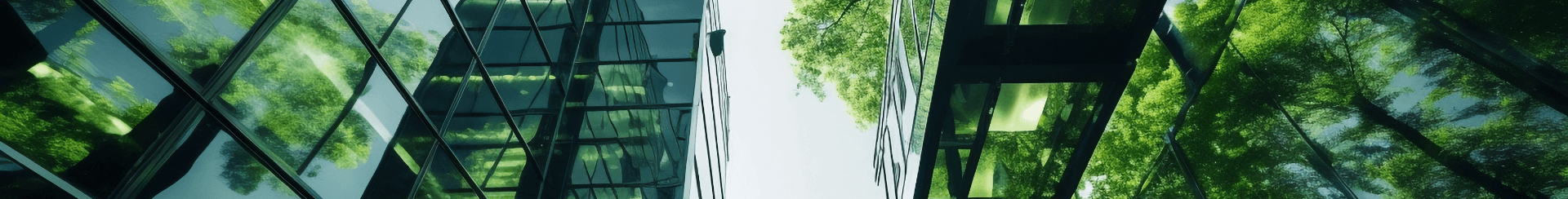 Szeroka panorama przedstawiająca widok z dołu na szklane bryły nowoczesnych budynków, w których odbijają się korony zielonych drzew.