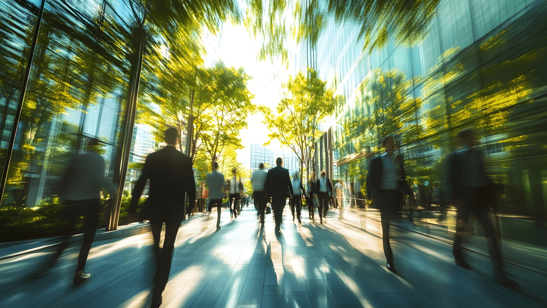 Dynamiczne ujęcie grupy ludzi w strojach biznesowych idących nasłonecznioną aleją między nowoczesnymi biurowcami a zielonymi drzewami.